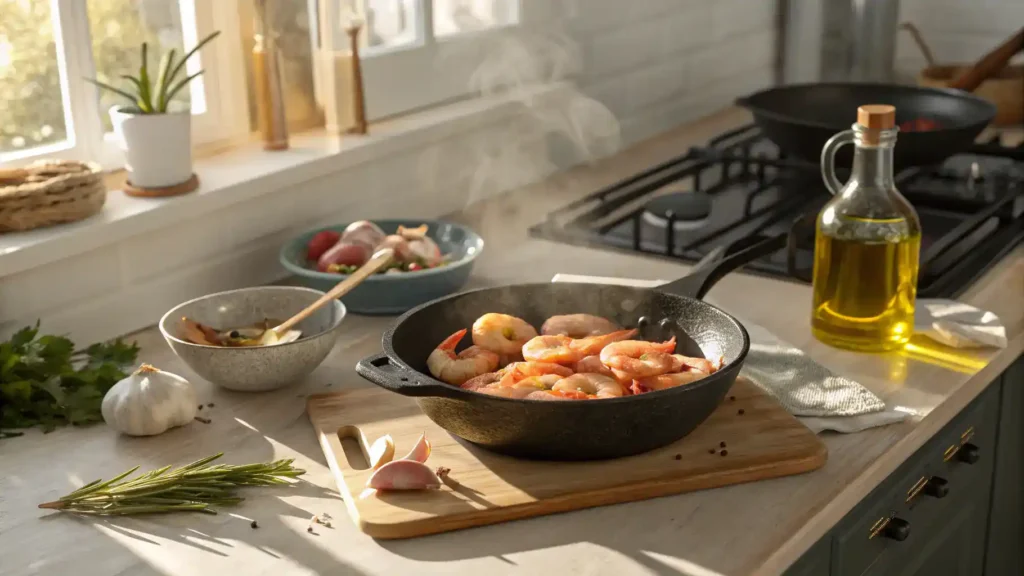 A step-by-step cooking process of shrimp in a skillet with fresh ingredients.