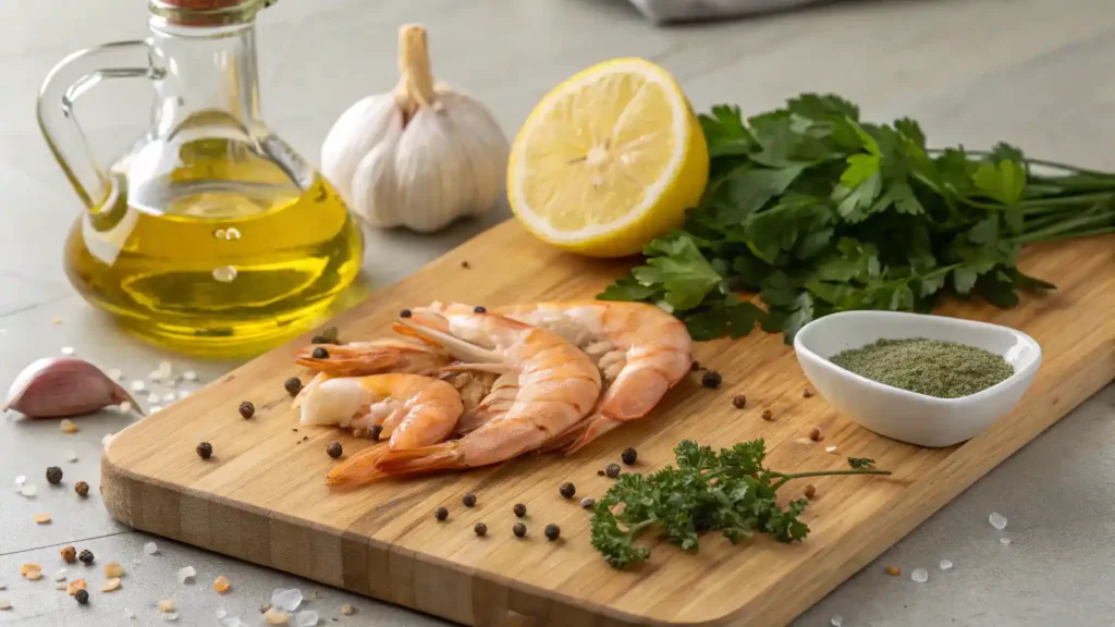 Ingredients for cooking shrimp displayed on a cutting board.