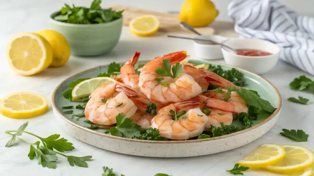 Perfectly cooked shrimp served on a plate with garnishes.