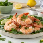 Perfectly cooked shrimp served on a plate with garnishes.