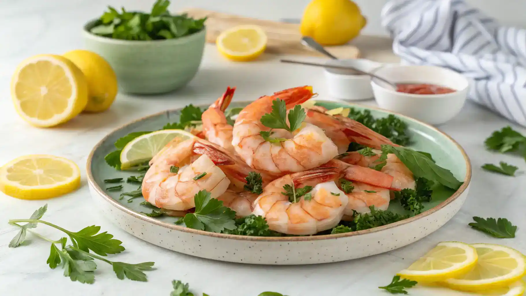 Perfectly cooked shrimp served on a plate with garnishes.